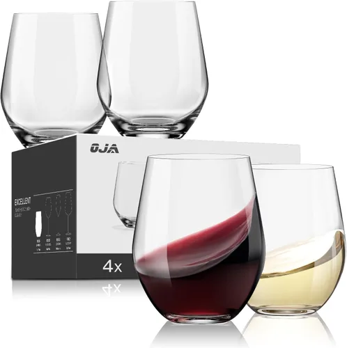 Vista 20 de OJA Juego de 12 copas de vino sin tallo, 15 onzas, copas de vino tinto y blanco de cristal, sin tallo, transparentes, vaso resistente para beber