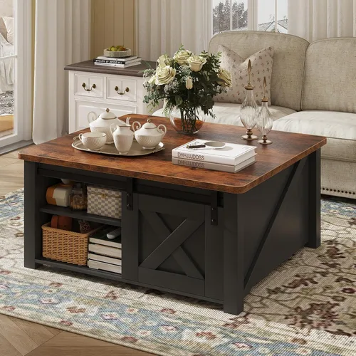 Vista 3 de DUMOS - Mesa auxiliar elevable, mesa central con almacenamiento, mesas cuadradas para sala de estar con estantes ajustables, modernas mesas de Madera