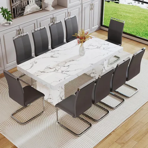 Vista 45 de gopop Mesa de comedor de mármol de 63 pulgadas, tablero de mesa de comedor MDF con patrón de mármol y base para cocina y comedor.