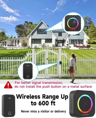 Vista 4 de Kit de timbre inalámbrico, timbre autoalimentado sin batería, rango de 600 pies, 63 campanas seleccionables, volumen ajustable con luz RGB, timbre