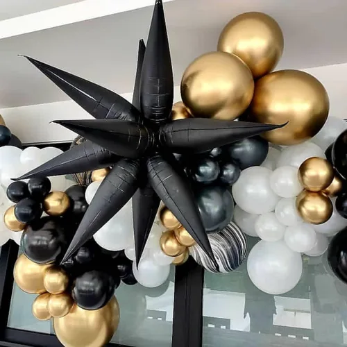 Vista 5 de Globos de estrella negra, 12 unidades, globos de explosión de estrella de aluminio de 27/22 pulgadas, globo de cono de Mylar de espiga grande