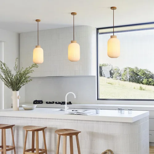 Vista 7 de Luces Colgantes Modernas de Mediados de Siglo para Isla de Cocina, Lámpara Colgante Grande de Vidrio Lechoso Acanalado, Accesorio de Iluminación
