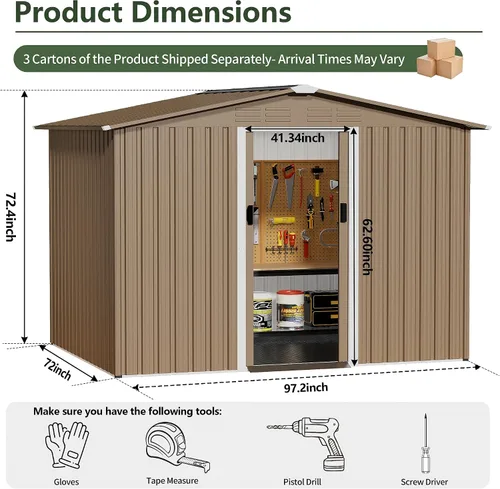 Vista 3 de Cobertizo de almacenamiento para exteriores de 8 x 6 pies con piso, cobertizo de herramientas de metal impermeable con puerta cerrada con puerta