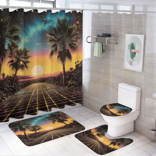 Vista 10 de 4 cortinas de ducha abstractas de los años 80 con diseño de hojas de palma, moderna ilustración de rejilla de neón Synthwave Anime juego de baño