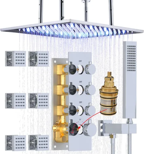 Vista 13 de HOMEDEC Sistema de ducha de lluvia LED de 16 pulgadas, válvula desviadora termostática de 3 vías con 6 pulverizadores corporales, todas las Negro