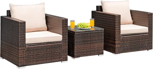 Vista 12 de RELAX4LIFE Juego de sofá de mimbre de 3 piezas, juego de sofá de ratán para patio al aire libre con cojines lavables y mesa de centro de vidrio
