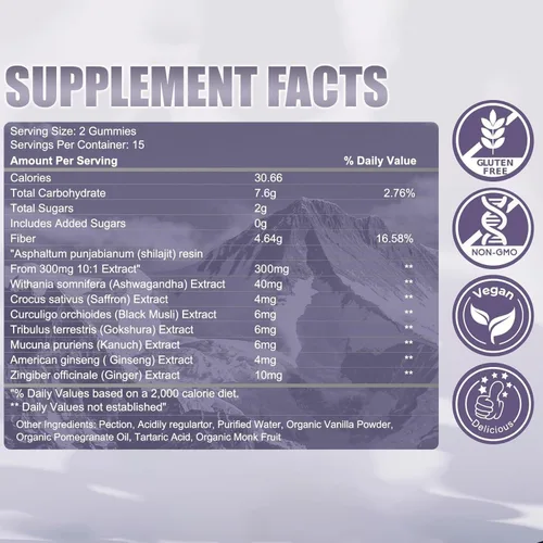 Vista 2 de Gomitas puras de Shilajit del Himalaya para hombres y mujeres, 100% naturales y orgánicas, más de 85 minerales traza y ácido fúlvico, 30