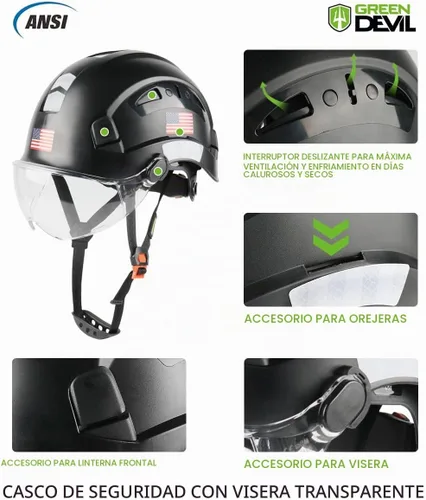 Vista 3 de GREEN DEVIL Casco de Seguridad Casco Duro con Visera Correa de Barbilla Ajustable Ligero Ventilado ABS Casco de Trabajo para Hombres y Mujeres
