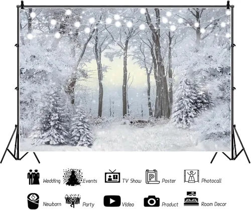 Vista 3 de Telón de fondo de escena de nieve de 12 x 10 pies para fotografía, bosque de pinos de invierno, fondo para vacaciones, Navidad, Año Nuevo