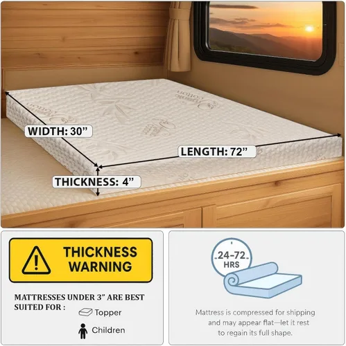 Vista 2 de Foamma Colchón de espuma viscoelástica de gel de 4 x 30 x 72 pulgadas para caravana con funda de algodón orgánico resistente al agua, base de espuma
