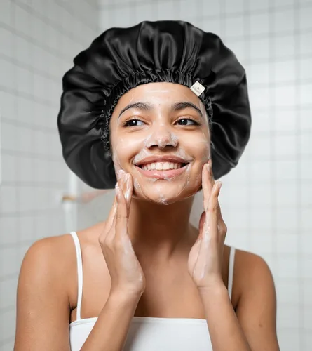 Vista 5 de YANIBEST Gorro de satén de doble capa de seda ajustable para el pelo para dormir para mujeres, cabello natural rizado para mamá