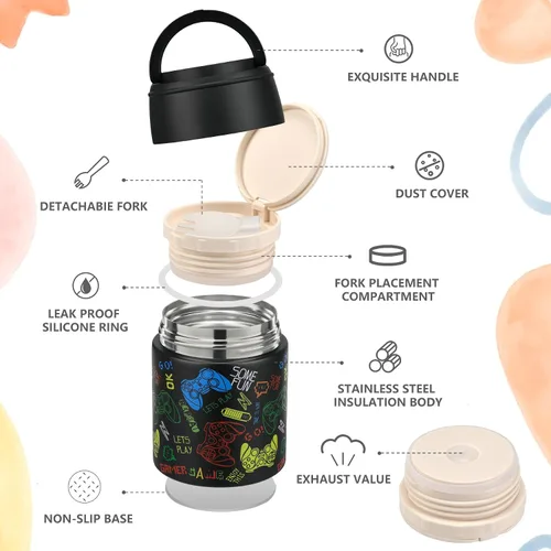 Vista 2 de Termo de sopa de 10 onzas para comida caliente para niños, recipiente de comida aislado con cuchara y boca ancha, acero inoxidable, a prueba