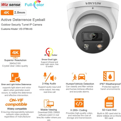 Vista 2 de VIKYLIN 4K 8MP POE IP AI Wizsense Cámara, DMSS/SmartPss Lite, disuasión activa con audio bidireccional, visión nocturna inteligente de doble luz