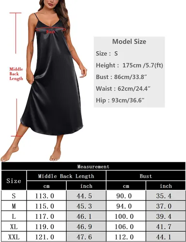 Vista 6 de Camisón largo de satén para mujer, vestido de seda sexy, cuello en V, ropa de dormir, holgado, sin mangas