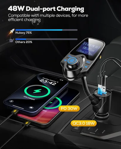 Vista 2 de Nulaxy [Versión actualizada KM18 2026] Adaptador de coche Bluetooth 5.4 de 48 W con puertos de carga rápida [PD 30 W y QC3.0 18 W], compatible