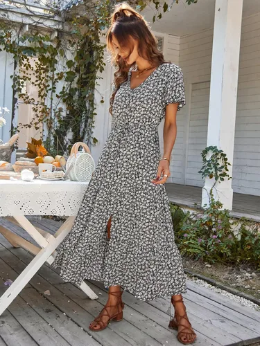 Vista 5 de PRETTYGARDEN Vestidos florales de verano para mujer, cuello en V, manga corta, vestido de sol fluido con abertura en línea A, vestido largo bohemio