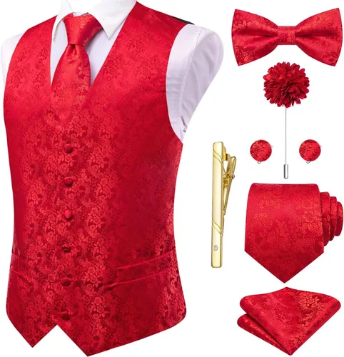 Vista 9 de Hi-Tie Chaleco de traje de seda para hombre, corbata y corbatín de solapa, clip de corbata dorado, chaleco floral de cachemira, 8 piezas, conjunto