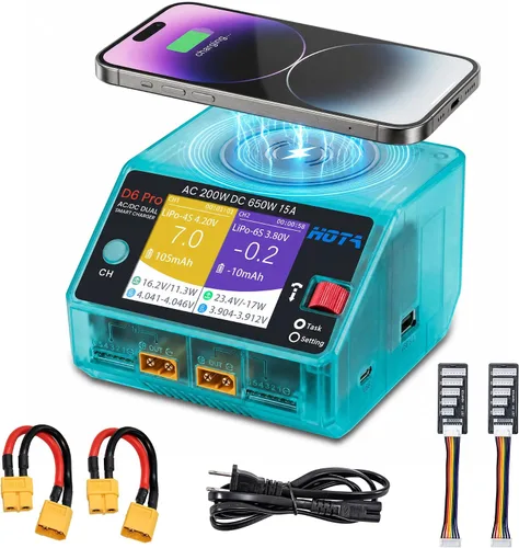 Vista 9 de HOTA D6 Pro Lipo Cargador de batería, doble canal 15A AC200W DC650W Cargador de equilibrio inteligente con panel de carga inalámbrico Salida USB