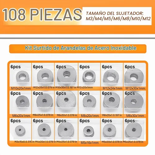 Vista 2 de Kit de surtido de arandelas planas de acero inoxidable de 108 piezas, 18 tamaños, juego de arandelas de tornillo de metal para pernos, industrial