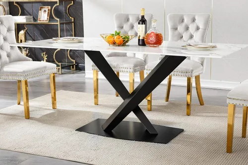 Vista 15 de Mesa de comedor de mármol negro para 4, 6, 70 pulgadas, moderna mesa de comedor de cocina dorada con base de acero inoxidable con diseño