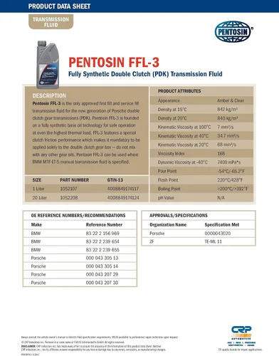 Vista 5 de Pentosin 1052107 FFL-3 - Líquido de transmisión de doble embrague sintético completo para transmisiones Porsche PDK seleccionadas, 1 litro