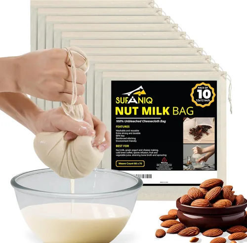 Vista 10 de SUFANIQ - Bolsa de leche de nueces, 2 bolsas (12 x 12 pulgadas), bolsa de tela de queso 100% algodón sin blanquear para colar, bolsa de leche