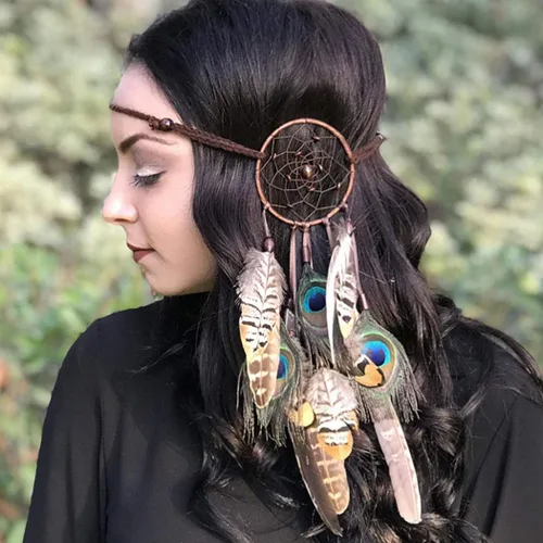 Vista 4 de Campsis Diadema de plumas de atrapasueños estilo bohemio indio con borlas para el cabello para mujeres y niñas