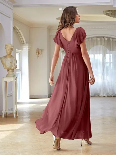 Vista 5 de Women's V Neck Bridesmaid Dresses with Short Sleeve Chiffon Formal Evening Party Gowns Plus