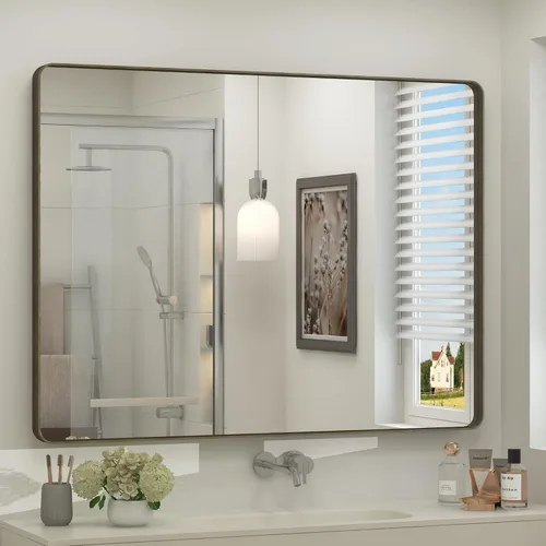 Vista 42 de Paquete de 2 espejos de baño con marco de metal negro de 22 x 30 pulgadas, espejo rectangular redondeado negro mate, antioxidante, se cuelga