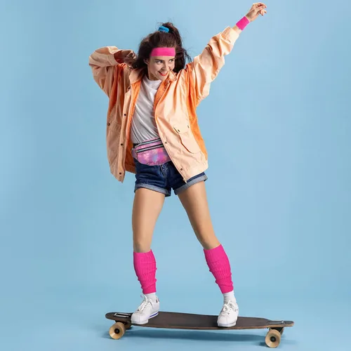 Vista 3 de SATINIOR Juego de calentadores de piernas de neón de los años 80 para mujer, cangurera holográfica, calentadores de piernas de punto, muñequeras