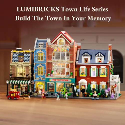 Vista 7 de LUMIBRICKS Redbrick Row House Lighting - Juego de ladrillos de construcción – Kit de exhibición de colección de modelos de construcción modular