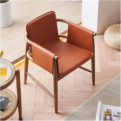 Vista 2 de sillas de comedor Silla de comedor de cuero Silla de comedor Ocio Madera maciza Sala de estar Back Ash Hotel Balcón Cocina moderna