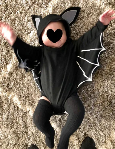 Vista 3 de AGQT Disfraz de murciélago de Halloween para bebé, niño y niña, 2 piezas, talla de 0 a 24 meses