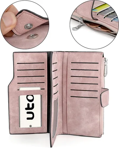 Vista 3 de UTO Cartera RFID para mujer de piel sintética mate con cremallera y cierre a presión, Rosado