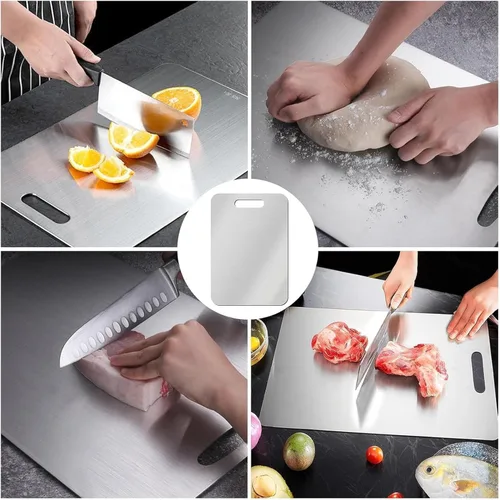 Vista 7 de Tabla de cortar de titanio para cocina, tablas de cortar de acero inoxidable de doble cara de grado alimenticio para cortar verduras y carne, fácil