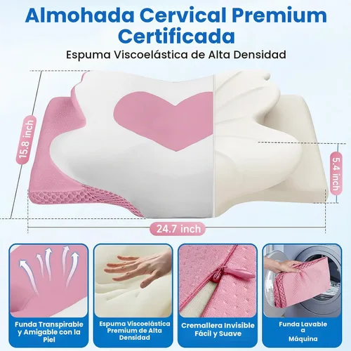 Vista 2 de Almohada cervical ergonómica de espuma viscoelástica para dormir, tamaño Queen rosa