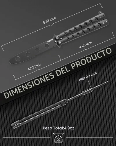 Vista 10 de Dispatch Cuchillo mariposa de entrenamiento Balisong sin afilar con hoja de acero inoxidable, mango 3Cr13 negro (con recortes) y traba