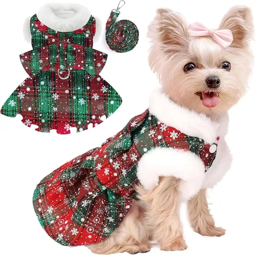 Vista 8 de Vestido de suéter de Navidad para perro con correa, conjunto de suéteres para cachorros para perros pequeños hembra, traje de mascota a cuadros