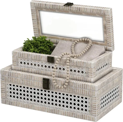 Vista 8 de Caja Decorativa de Ratán, Cajas de Exhibición Boho con Tapas, Juego de 2 Almacenamiento Decorativo Rectangular de Mimbre, Contenedores de Caña