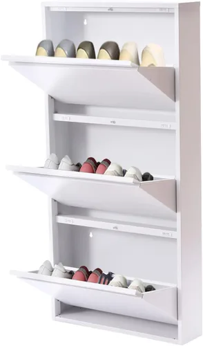 Vista 10 de Zapatero moderno de 3 cajones, almacenamiento de zapatos de entrada, cajones abatibles, estante oculto, montado en la pared, color gris