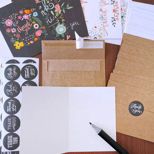 Vista 5 de 150 juegos de tarjetas de agradecimiento en blanco a granel con sobres, calcomanías, surtido de 6 diseños de caligrafía de acuarela floral, tarjetas