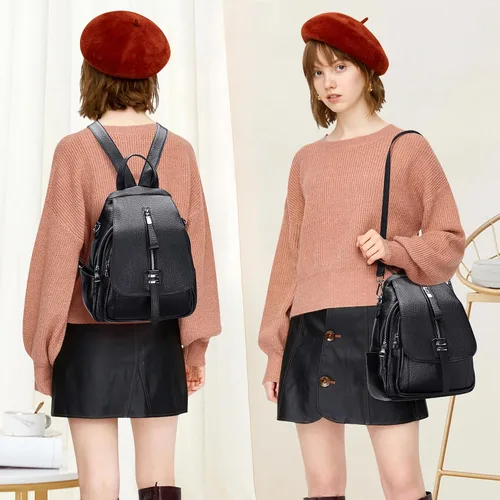 Vista 3 de ALTOSY Mochila de cuero genuino para mujer, bolso de hombro convertible con solapa de hebilla