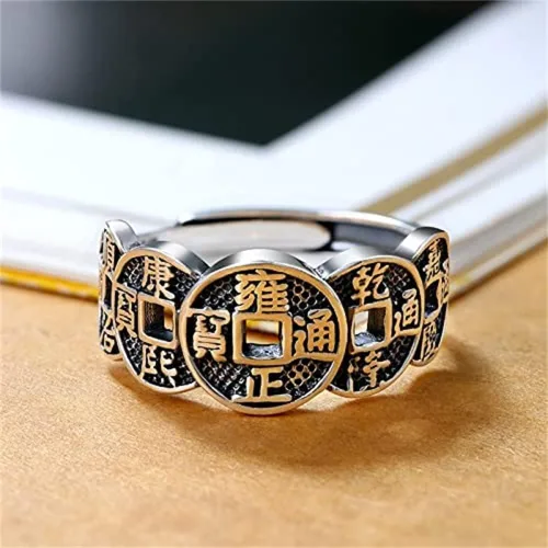 Vista 2 de Anillo de cobre Wufu con moneda de cinco emperadores, anillo de plata con índice retro de la suerte, anillo vintage ajustable para hombres