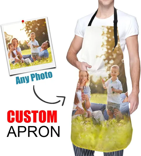 Vista 2 de Delantal personalizado con foto, delantal de chef de cocina personalizado para mujeres y hombres, delantal personalizado con nombre impermeable