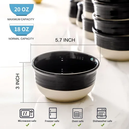 Vista 3 de HASENSE - Cuencos de sopa de cerámica y cuencos de cereal, juego de 6 cuencos de 20 onzas para cocina, juego de cuencos apilables para ramen