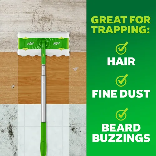 Vista 3 de Swiffer Kit de iniciación de lujo para el cabello con poste plegable, 9 paños secos con imán para el cabello, 2 paños húmedos adicionales para mopa