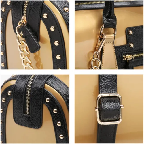 Vista 6 de Bolsas de mano de charol sintético brillante, asa superior, forma de barril, bolso de hombro para mujer