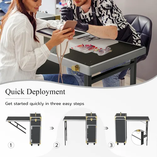 Vista 6 de Icoget Mesa de manicura portátil con ruedas para enseñanza de uñas, escritorio plegable de viaje con almacenamiento, mesa de manicura móvil