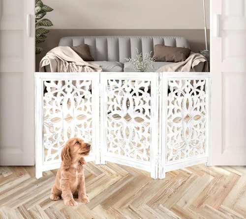 Vista 13 de Lightnpro Valla de madera geométrica para mascotas - Puerta de seguridad plegable independiente para perros, cachorros y mascotas pequeñas, valla