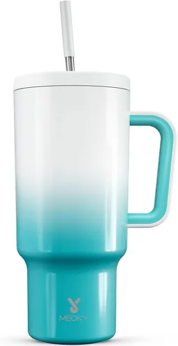 Vista 49 de Meoky - Vaso de 30 oz con asa, tapa y pajilla, taza de viaje térmica de acero inoxidable 100% a prueba de fugas, para portavasos, mantiene el frío
